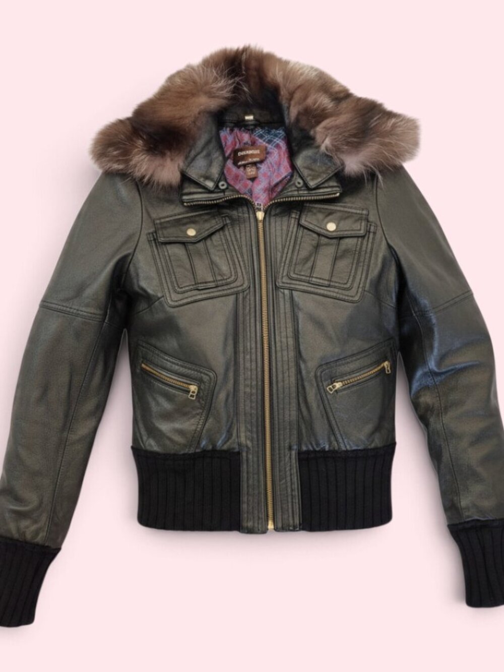 DANIER Genuine Italian Leather Fox Fur Trimmed Thinsulate Bomber Jacket, Size XS